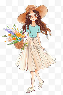 橘黄色的裙子图片_春天时尚女孩手绘插画卡通元素