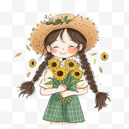 春天可爱女孩卡通手绘向日葵花元