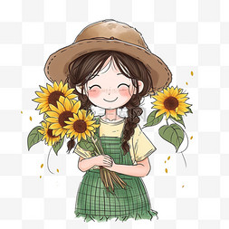 拿花的女孩手绘图片_春天卡通手绘可爱女孩向日葵花元