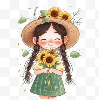 春天可爱女孩向日葵花卡通手绘元素