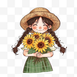 向日葵手绘卡通图片_手绘元素春天可爱女孩向日葵花卡
