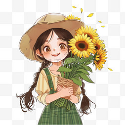 一束向日葵手绘图片_卡通春天可爱女孩向日葵花手绘元