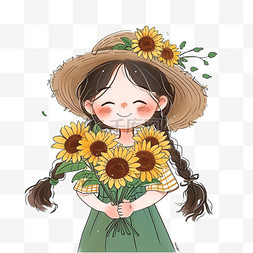 春天可爱女孩向日葵花手绘元素卡