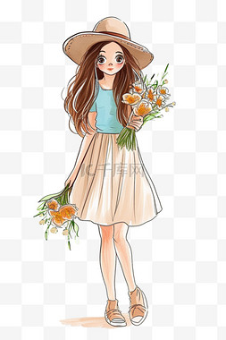 橘黄色的裙子图片_元素春天时尚女孩卡通手绘插画