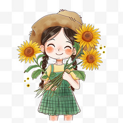 拿花的女孩手绘图片_春天可爱女孩卡通向日葵花手绘元