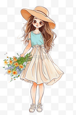 橘黄色的裙子图片_时尚女孩卡通手绘插画春天元素