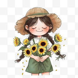 绿色长背景图片_卡通手绘春天可爱女孩向日葵花元