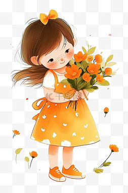 一把菊花图片_春天卡通可爱女孩鲜花手绘元素