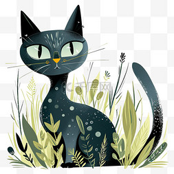 绿猫卡通图片_春天可爱小猫绿植卡通元素手绘