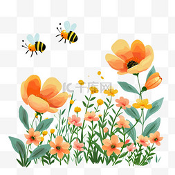 小花蜜蜂图片_菊花植物蜜蜂卡通春天手绘元素