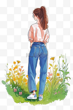 草丛女孩图片_可爱女孩绿植卡通手绘春天元素