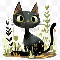春天卡通手绘可爱小猫绿植元素