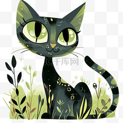 春天卡通绿植图片_绿植春天可爱小猫卡通手绘元素