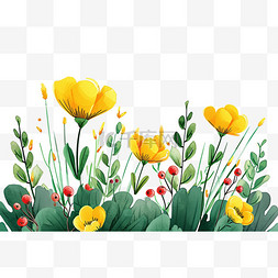 春天黄色花朵手绘绿叶子免抠元素