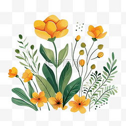黄色背景数字图片_春天黄色花草手绘植物插画元素