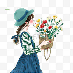 条纹背景蓝色图片_手绘春天可爱女孩鲜花插画元素