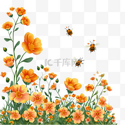 春天手绘菊花植物蜜蜂卡通元素