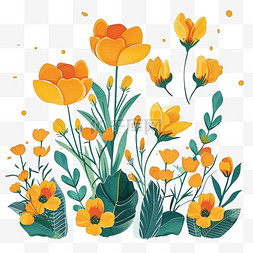橙色背景插画图片_春天黄色花草手绘植物插画元素