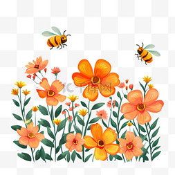 小花盛开手绘素材图片_菊花植物蜜蜂卡通手绘元素春天