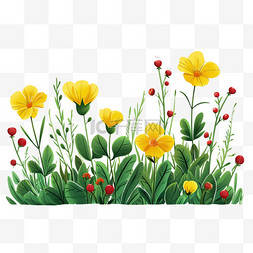 黄色春天花朵绿叶子手绘免抠元素