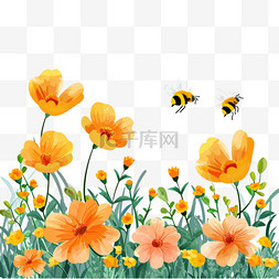 手绘春天菊花植物蜜蜂卡通元素