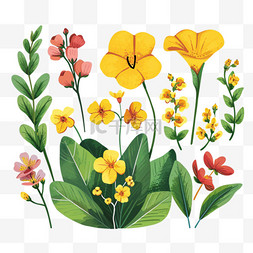 红色植物背景图片_春天黄色小花免抠手绘元素