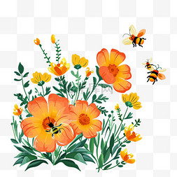 绿色卡通手绘叶子图片_春天菊花植物蜜蜂卡通元素手绘