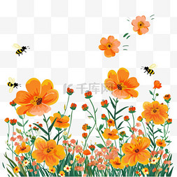 春天菊花植物蜜蜂手绘元素卡通