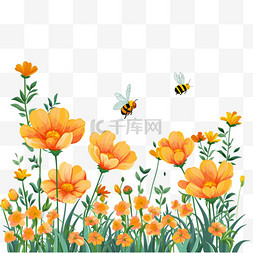 小花盛开手绘素材图片_春天蜜蜂菊花植物卡通手绘元素