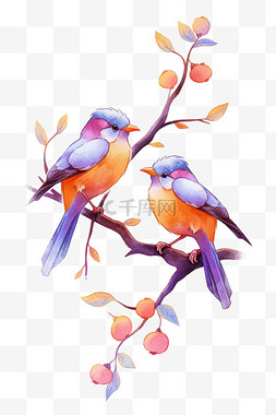 紫色水彩鸟图片_枝头春天情侣鸟手绘水彩插画元素