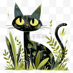 春天可爱小猫绿植手绘卡通元素