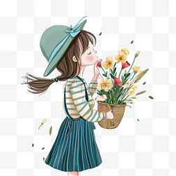 拿鲜花的图片_可爱女孩春天鲜花手绘插画元素
