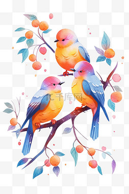 紫色水彩鸟图片_情侣鸟春天枝头手绘水彩插画元素