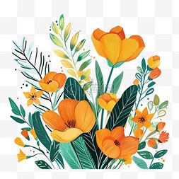 手绘绘画橙色插画图片_春天黄色手绘花草植物插画元素