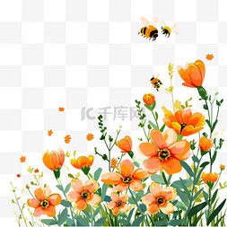 小花盛开手绘素材图片_春天菊花卡通植物蜜蜂手绘元素