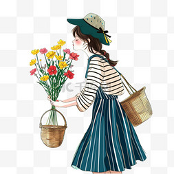 春天插画可爱女孩鲜花手绘元素