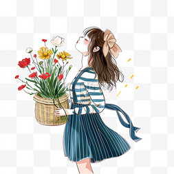 蓝色背景条纹图片_可爱女孩鲜花手绘春天插画元素