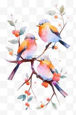 春天情侣鸟手绘枝头水彩插画元素