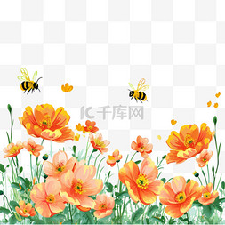 卡通手绘绿色背景图片_菊花植物蜜蜂春天卡通手绘元素