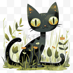 春天卡通可爱小猫绿植手绘元素