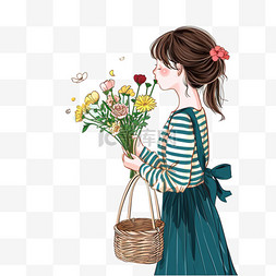 春天可爱女孩鲜花手绘元素插画