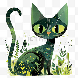 春天绿植可爱小猫卡通手绘元素