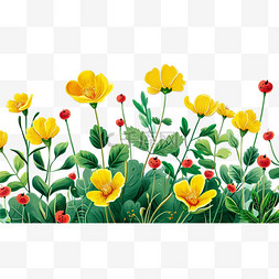 黄色花朵绿叶子手绘春天免抠元素
