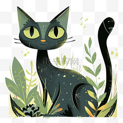 春天可爱小猫卡通绿植手绘元素