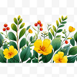 手绘春天红色花朵图片_春天黄色花朵绿叶子元素手绘免抠