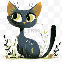 卡通手绘春天可爱小猫绿植元素