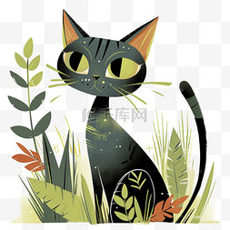 春天可爱小猫手绘绿植卡通元素