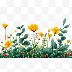 黄色花朵绿叶子春天手绘免抠元素