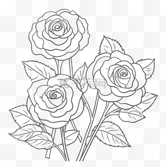 玫瑰素描图片素材_3 朵玫瑰着色页与叶子轮廓素描 向量