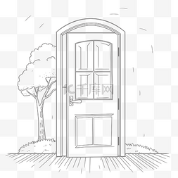 绘图显示一扇敞开的门，附近有树